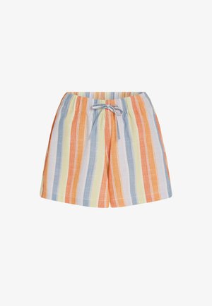 Raidalliset shortsit pastelliväreissä, mukaan lukien oranssi, keltainen ja sininen; valmistettu kevyestä kankaasta, jossa on joustava vyötärö ja nyöri.