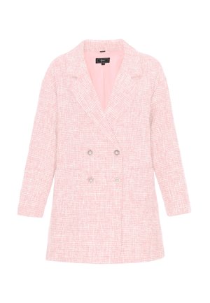 Dobbeltradet lyserød blazer i tekstureret stof med sølvknapper og hakrevers. Har lange ærmer og en semi-struktureret silhuet.