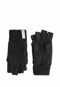 Schwarze fingerlose Handschuhe aus strukturiertem Strickstoff. Mit einem Bündchen-Design, das ein glattes Webmuster und ein 3M Thinsulate-Label zeigt.