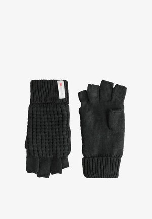 Gants sans doigts noirs en tissu tricoté texturé. Design avec revers, présentant un motif tissé lisse et une étiquette 3M Thinsulate.