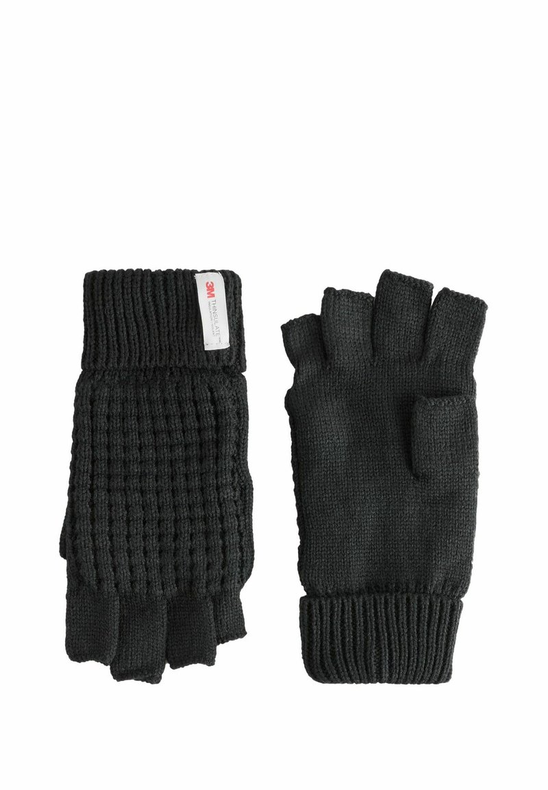 Schwarze fingerlose Handschuhe aus strukturiertem Strickstoff. Mit einem Bündchen-Design, das ein glattes Webmuster und ein 3M Thinsulate-Label zeigt.