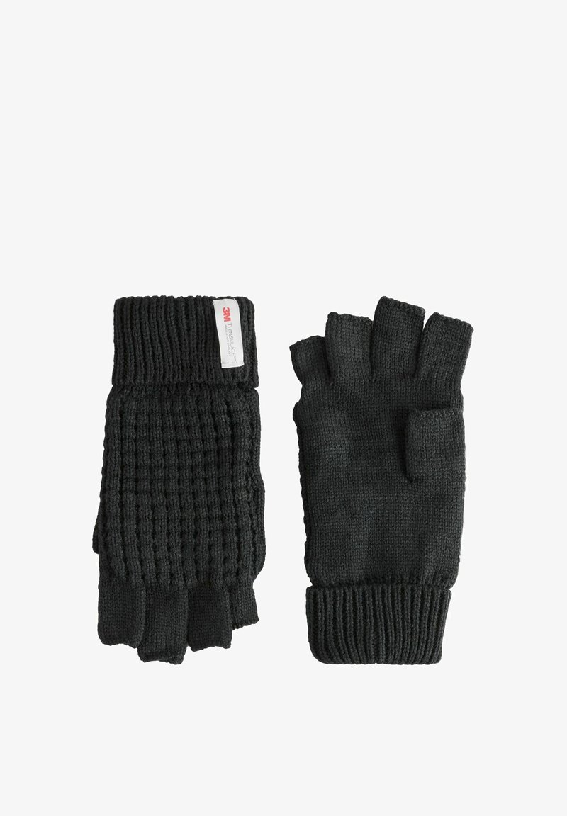 Fekete ujjtalan kesztyű, textúrált kötött anyagból készült. Kifordított dizájn, sima szőtt mintával és 3M Thinsulate címkével.