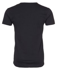Černé tričko s krátkým rukávem vyrobené z jemné bavlny, s klasickým kulatým výstřihem a rovný střih. Žádné viditelné vzory ani loga.