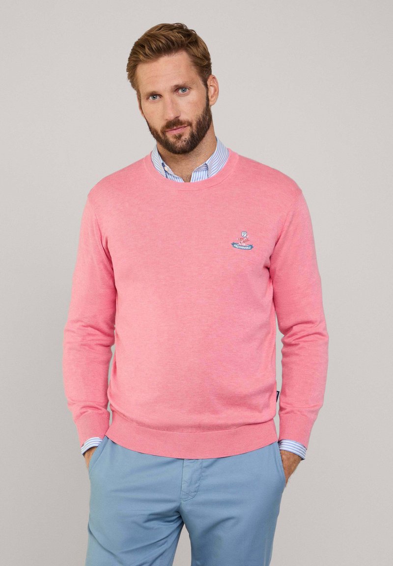 Maglione rosa chiaro con maniche lunghe e scollatura a girocollo, con un piccolo logo ricamato sul petto. Indossato sopra una camicia a righe blu e bianche.