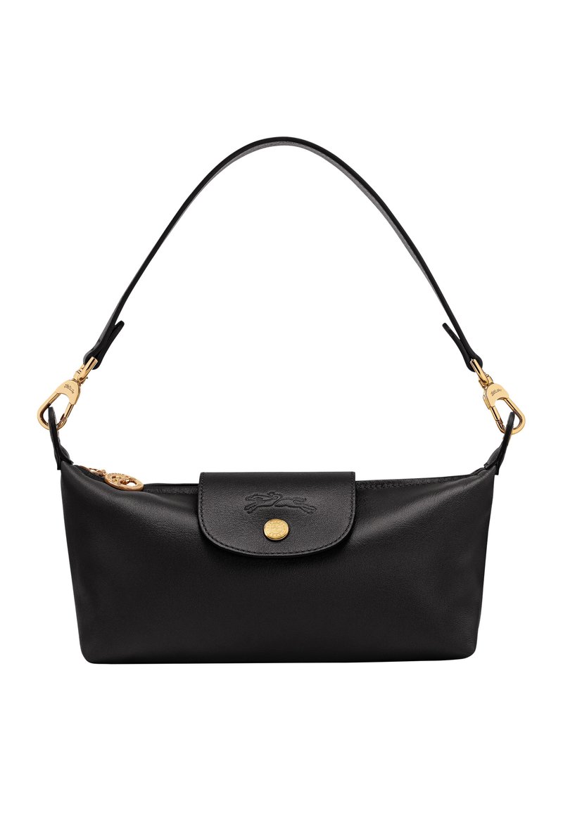 Black leather shoulder bag with gold clasp, embossed logo on flap, zip closure with gold pull tab, and detachable strap hooks.