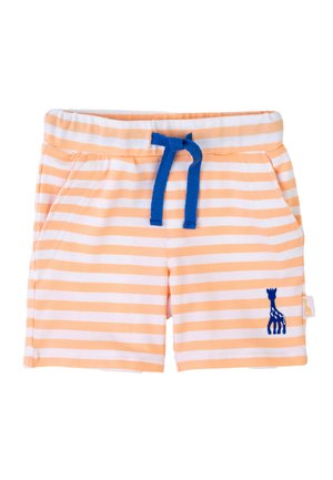 Gestreifte Badeshorts in Orange und Weiß, mit einer blauen Schnur und einer blauen Giraffen-Stickerei. Hergestellt aus einem weichen, leichtem Stoff.