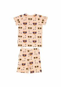 Lyhythihainen, vaaleanpunainen puuvillapaita, jossa on toistuva kuvio kissan kasvoista aurinkolaseilla ja tassunjäljistä. Mukana on matching-shortsit.