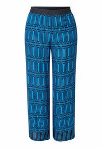 Modré kalhoty se vzorem, které mají geometrický design s obdélníkovými tvary, elastický pas a rovný střih nohavic.