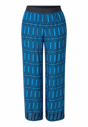 Pantalones azul con patrón que presentan un diseño geométrico con formas rectangulares, cinturilla elástica y corte de pierna recta.