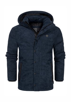Marineblaue Jacke mit strukturierter Oberfläche, Reißverschluss und Kapuze. Mit schwarzen Akzenten an Taschen und Bündchen sowie Knopfdetails auf der Vorderseite.