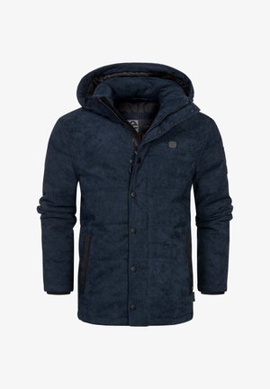 Marineblaue Jacke mit strukturierter Oberfläche, Reißverschluss und Kapuze. Mit schwarzen Akzenten an Taschen und Bündchen sowie Knopfdetails auf der Vorderseite.