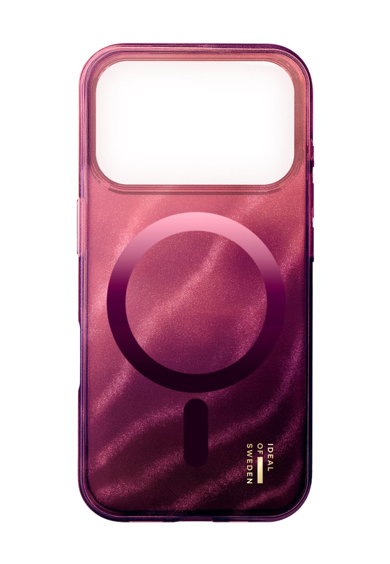 Magenta mobildeksel med blank finish, med et sirkulært MagSafe-design og et hvitt område øverst. Merkevarens logo er trykt nederst.