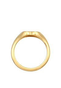 Gold metal ring with a smooth, rounded band and a subtle design at the top that creates an elegant shape. Polished finish enhances shine.