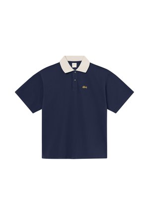 Navy blue short-sleeve polo shirt with white collar, two-button placket, and small yellow embroidered logo on left chest.