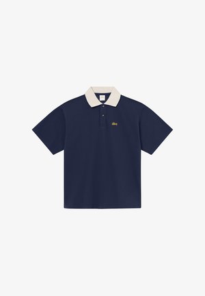 Navy blue short-sleeve polo shirt with white collar, two-button placket, and small yellow embroidered logo on left chest.