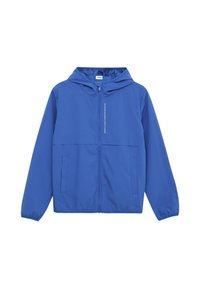 Leichte blaue Jacke mit Kapuze, Frontreißverschluss, elastischen Bündchen und zwei Seitentaschen. Glattes Material ohne sichtbare Muster.