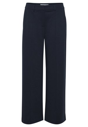 Dark navy blue wide-leg trousers with belt loops, front seam detail, and a concealed front fastening.