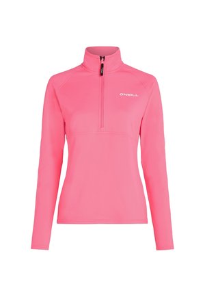 Langarm pullover in felroze met een halve rits kraag, gemaakt van gladde, lichte stof, met een wit O'Neill-logo op de borst.