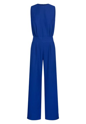 Bez rękawów, królewsko niebieski kombinezon z wysokim dekoltem, szerokimi nogawkami i dopasowanym pasem z przodem plisowanym dla dodatkowej struktury.