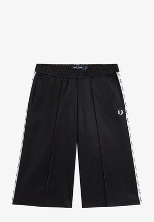 Black wide-leg shorts with elastic waistband, side pockets, and white laurel logo stripes along the outer seams.