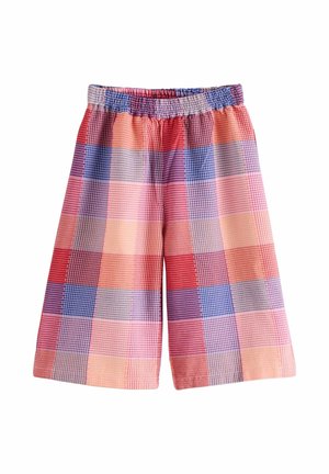 Shorts taille élastique avec motif à carreaux multicolores dans des nuances de rouge, rose, bleu et orange.