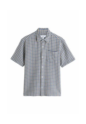 Koszula z krótkim rękawem w niebieski i beżowy geometryczny wzór, z przodem na guziki i kieszonką na piersi. Materiał bawełniany, krój casual.