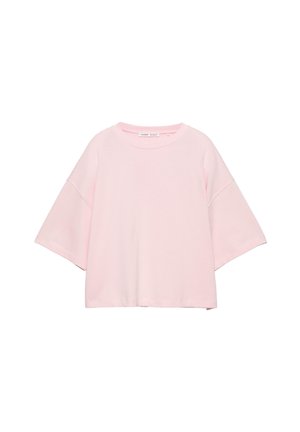 Tricou roz cu mâneci scurte, realizat din bumbac moale, cu croială lejeră, mâneci largi și decolteu rotund. Design simplu, fără modele.