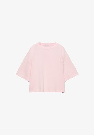 Tricou roz cu mâneci scurte, realizat din bumbac moale, cu croială lejeră, mâneci largi și decolteu rotund. Design simplu, fără modele.