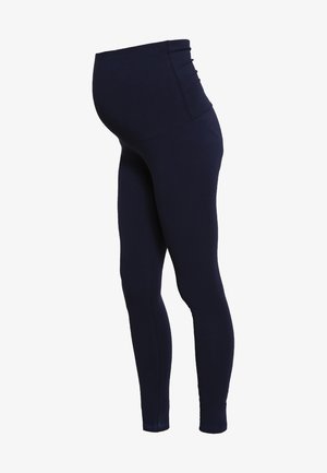 Donkerblauwe zwangerschapslegging met een rekbaar materiaal, hoge tailleband en een gladde textuur, met een aansluitende pasvorm en minimale naden voor comfort.