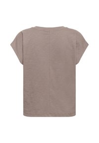 Kurzärmliges, lässig geschnittenes Oberteil in helltaupe. Glattes, leichtes Material mit subtiler Textur. Schlichtes Design mit geradem Saum und Rückennaht-Detail.