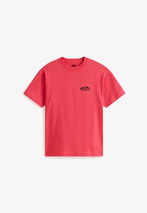 Korallinpunainen lyhythihainen puuvillainen t-paita, jossa pyöreä pääntie ja pieni musta "Off the Wall" -logo vasemmassa rintapuolessa. Tasainen pinta.