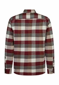 Rood, grijs en beige geruite flanellen shirt met lange mouwen, knoopmanchetten en een klassieke kraag. Heeft een rechte zoom en een geruit patroon.