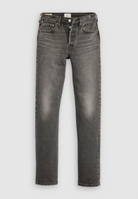Grijze denim jeans met een straight-leg snit, versleten textuur, subtiele vervaging, koperen nieten en een klassieke knoopsluiting.