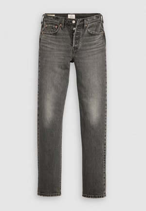 Grå denimjeans med rak benform, slitna detaljer, subtil blekning, kopparnitar och en klassisk knappgylf.