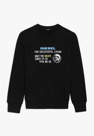 Czarna bluza z długim rękawem z niebieskim, białym i żółtym napisem "DIESEL FOR SUCCESSFUL LIVING ONLY THE BRAVE SINCE 1978 TYPE RR-55" oraz małym logo.