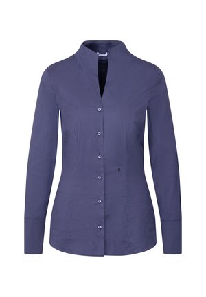Marineblauw overhemd met lange mouwen en een mandarin kraag, voorzien van een knopenrij aan de voorkant en een subtiele glans. Gladde textuur, getailleerde pasvorm en geen zichtbare patronen.