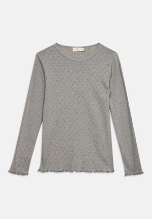 Maglia grigia a maniche lunghe con motivo floreale sottile, scollo rotondo e bordi arricciati su polsini e orlo.