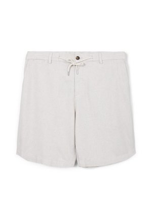 Pantaloni corti grigio chiaro realizzati in un tessuto testurizzato, con chiusura a bottone e vita con coulisse. Comprendono tasche laterali per funzionalità.