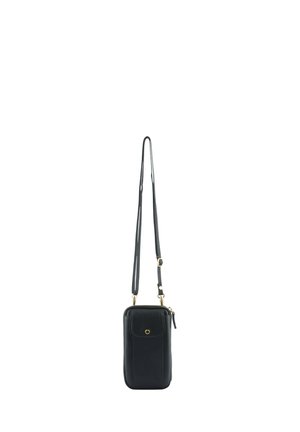 Sacoche téléphone en cuir noir à porter en bandoulière avec sangle ajustable, poche avant à pression et compartiment principal zippé.