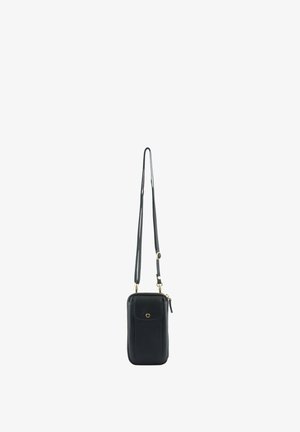 Sacoche téléphone en cuir noir à porter en bandoulière avec sangle ajustable, poche avant à pression et compartiment principal zippé.
