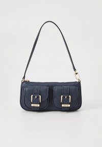 Navy leather handbag with a textured finish, two front pockets featuring gold-tone buckles, and a slim adjustable shoulder strap.