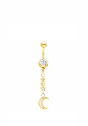 Gold belly button ring with a clear gem and a dangling chain of three star charms above a crescent moon charm with embedded crystals.
