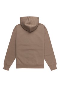 Brown hoodie with a smooth texture, featuring a large, attached hood, long sleeves, and ribbed cuffs and hem. Simple, solid design.