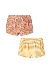 Two pairs of swim shorts: one with a floral pattern in purple, orange, and yellow; the other striped in yellow and white, both with drawstrings.