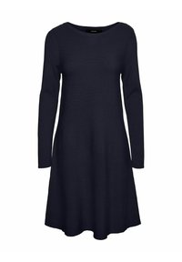 Robe bleu marine à manches longues en maille douce. Elle présente un décolleté rond et une silhouette évasée, avec une texture lisse et sans motifs.