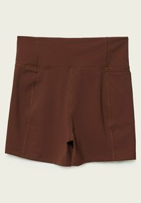 Ruskeat urheilushortsit joustavasta kankaasta, joissa korkea vyötärö, sileä pinta ja sivutaskut, joissa kontrastiväriset saumat.