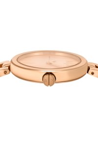 Orologio rotondo in oro rosa con una lunetta liscia, quadrante minimalista e un corona con il logo "AX". Bracciale in metallo con finitura lucida.