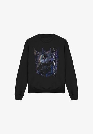 Black sweatshirt featuring a graphic of a robot's face, angular shapes, and text. The design has a dark color palette with blue and gray accents.