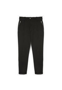 Černé kalhoty se zúženým střihem, s hladkou texturou, elastickým pasem a zipovými kapsami po obou stranách.