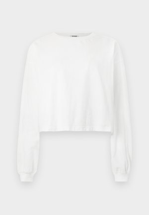 Sweat-shirt blanc court à manches longues. Fabriqué en coton doux, il présente un col rond et des poignets froncés. Texture lisse, design minimaliste.